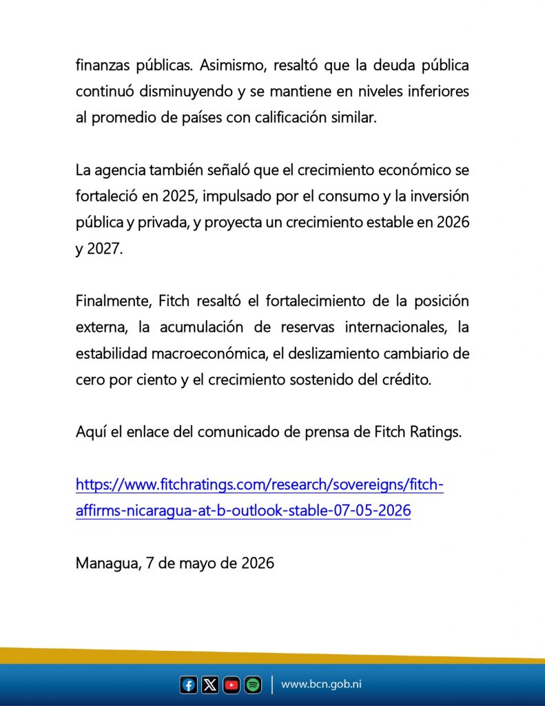 Según la agencia calificadora de riesgo, la calificación de Nicaragua refleja la continuidad de políticas fiscales prudentes, la permanencia de superávits fiscales y externos, así como el fortalecimiento sostenido de los indicadores de deuda y de las reservas internacionales.